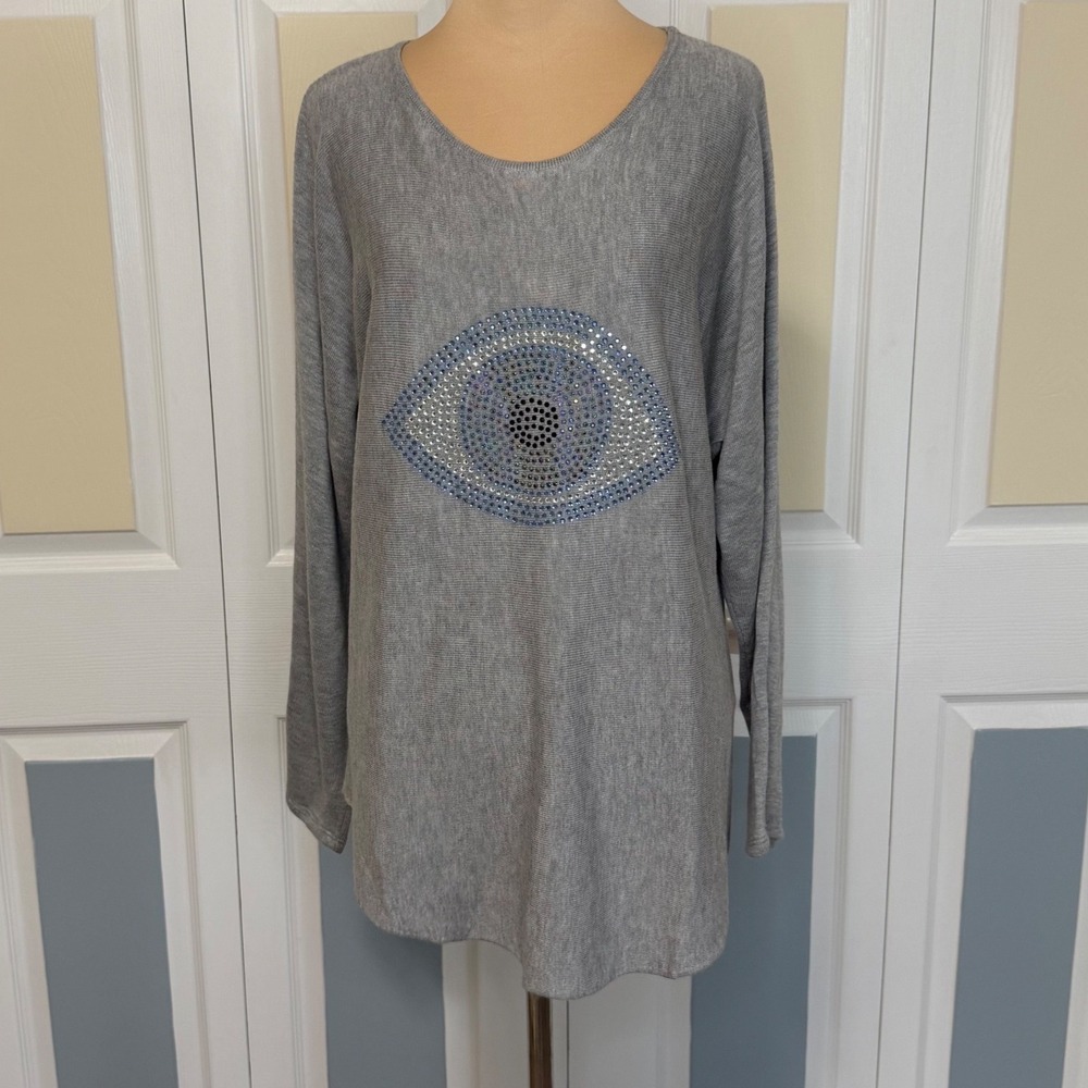 Rachel Zoe Womens XL Gray Evil Eye Rhinestone Long Sleeve Cashmere Blend Sweater